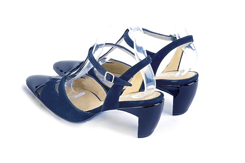 Navy blue women's open back T-strap shoes. Tapered toe. Medium comma heels. Rear view - Florence KOOIJMAN